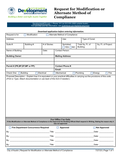 Request for Modification or Alternate Method of Compliance - City of Austin, Texas Download Pdf