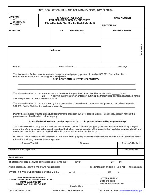 Form CLK/CT931 Statement of Claim for Return of Stolen Property - Miami-Dade County, Florida