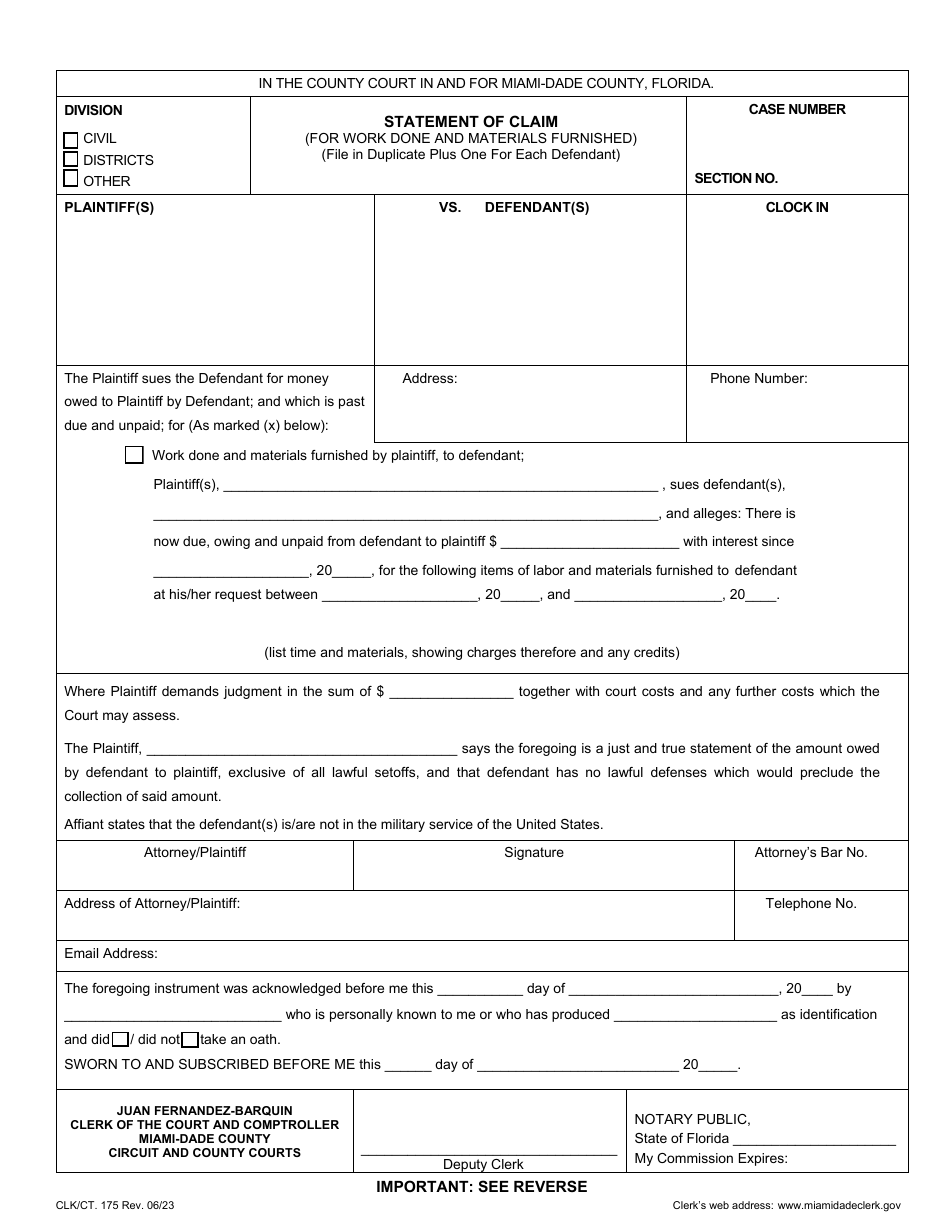 Form CLK / CT.175 Statement of Claim (For Work Done and Materials Furnished) - Miami-Dade County, Florida, Page 1