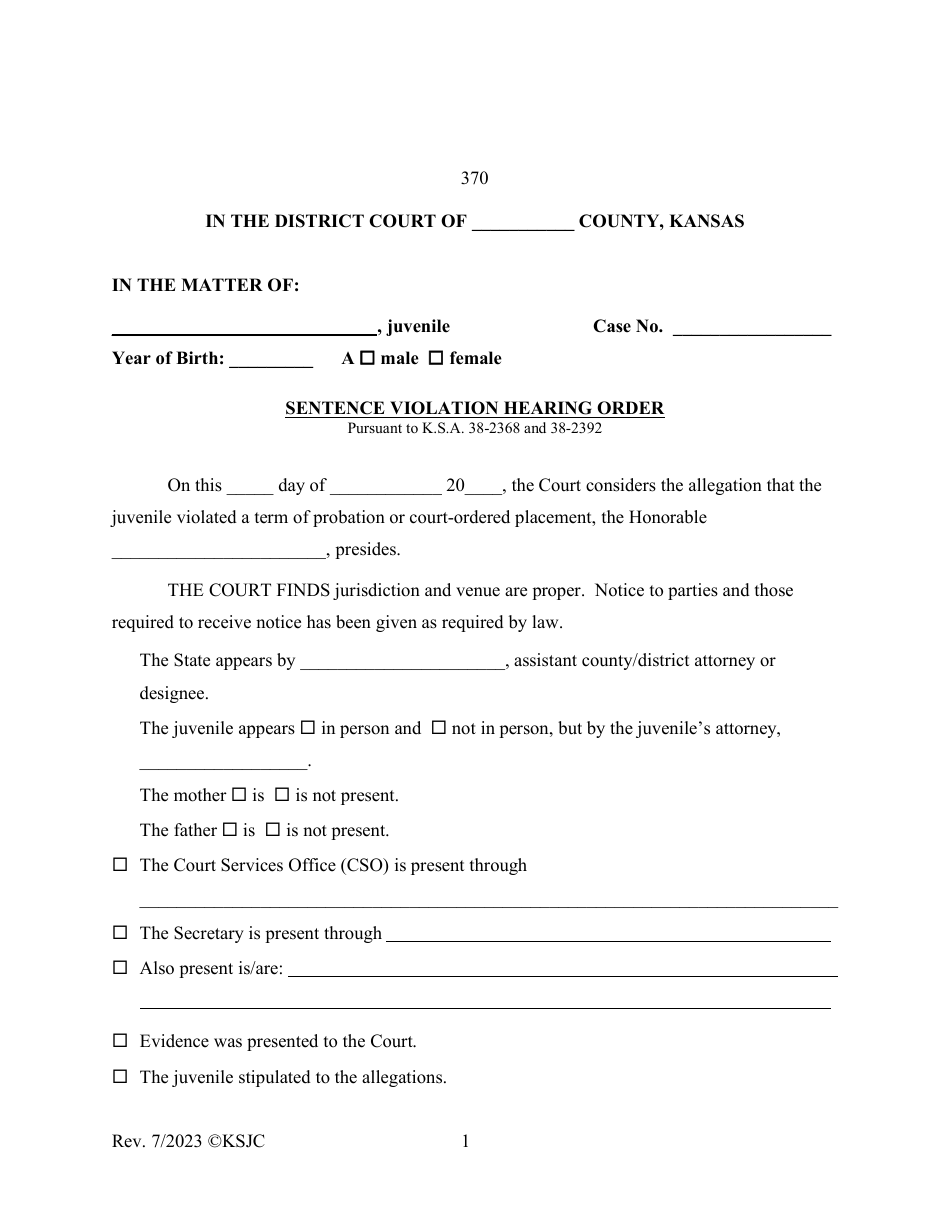 Form 370 Sentence Violation Hearing Order - Kansas, Page 1