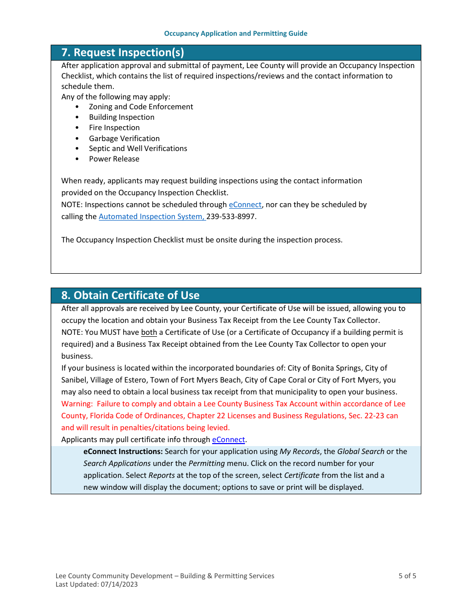 Occupancy Application and Permitting Guide - Lee County, Florida, Page 5