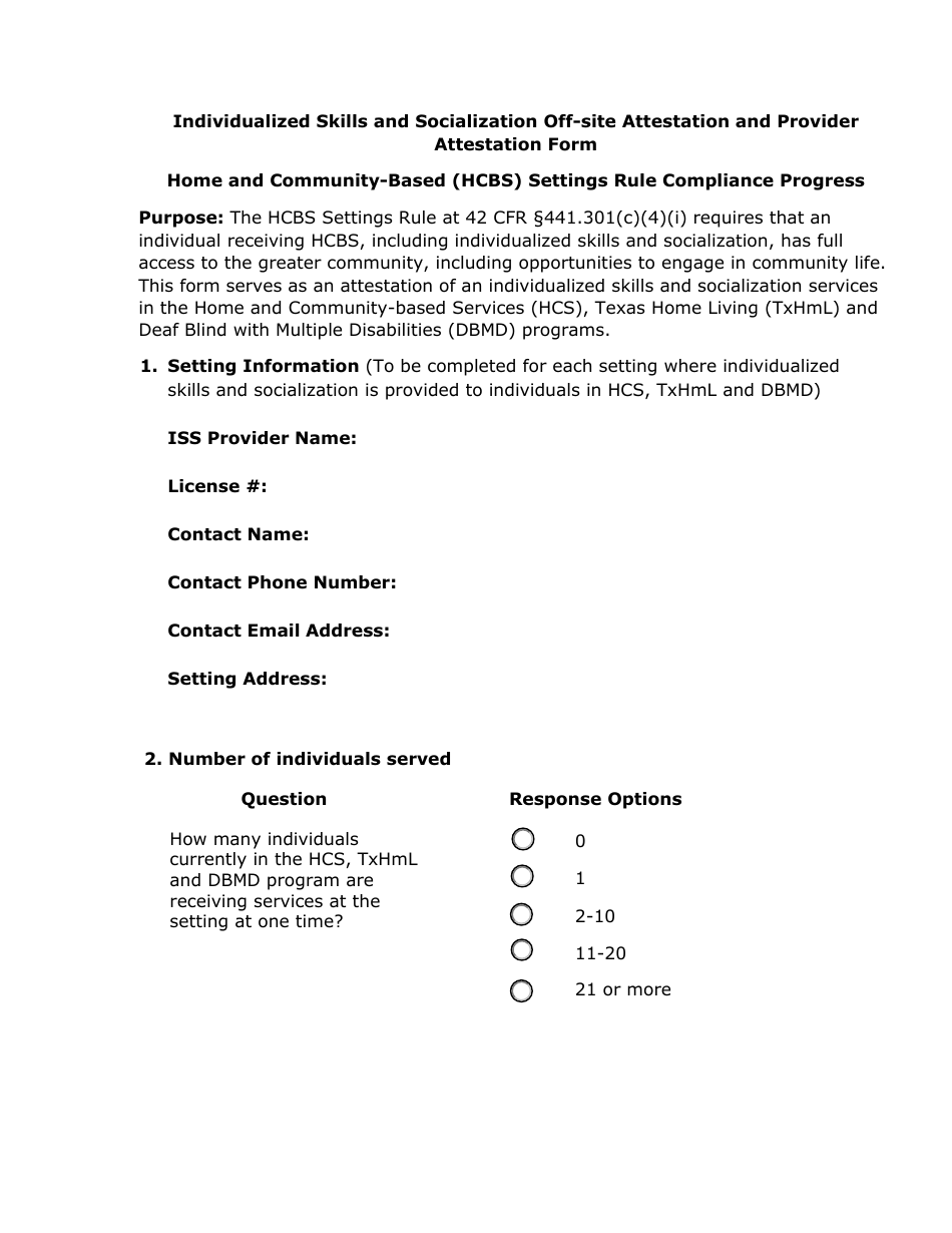 Individualized Skills and Socialization off-Site Attestation and Provider Attestation Form - Texas, Page 1