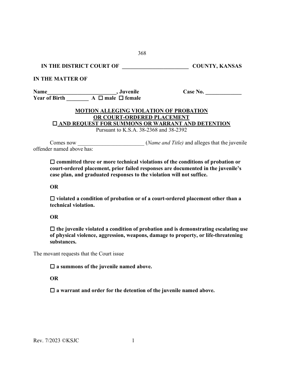 Form 368 Motion Alleging Violation of Probation or Court-Ordered Placement and Request for Summons or Warrant and Detention - Kansas, Page 1