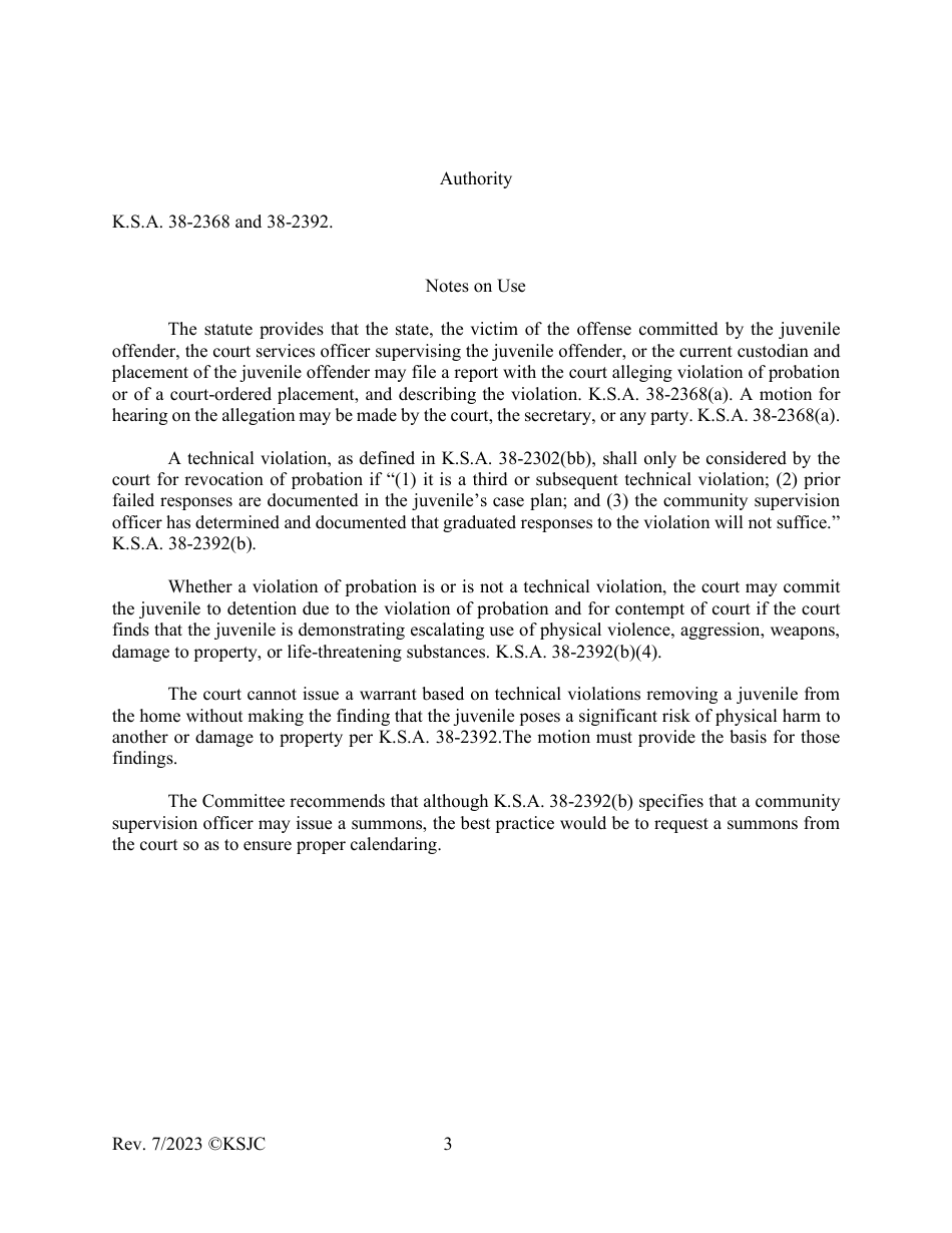Form 368 Motion Alleging Violation of Probation or Court-Ordered Placement and Request for Summons or Warrant and Detention - Kansas, Page 3
