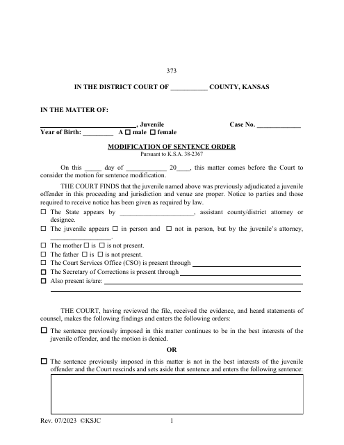 Form 373 Modification of Sentence Order - Kansas