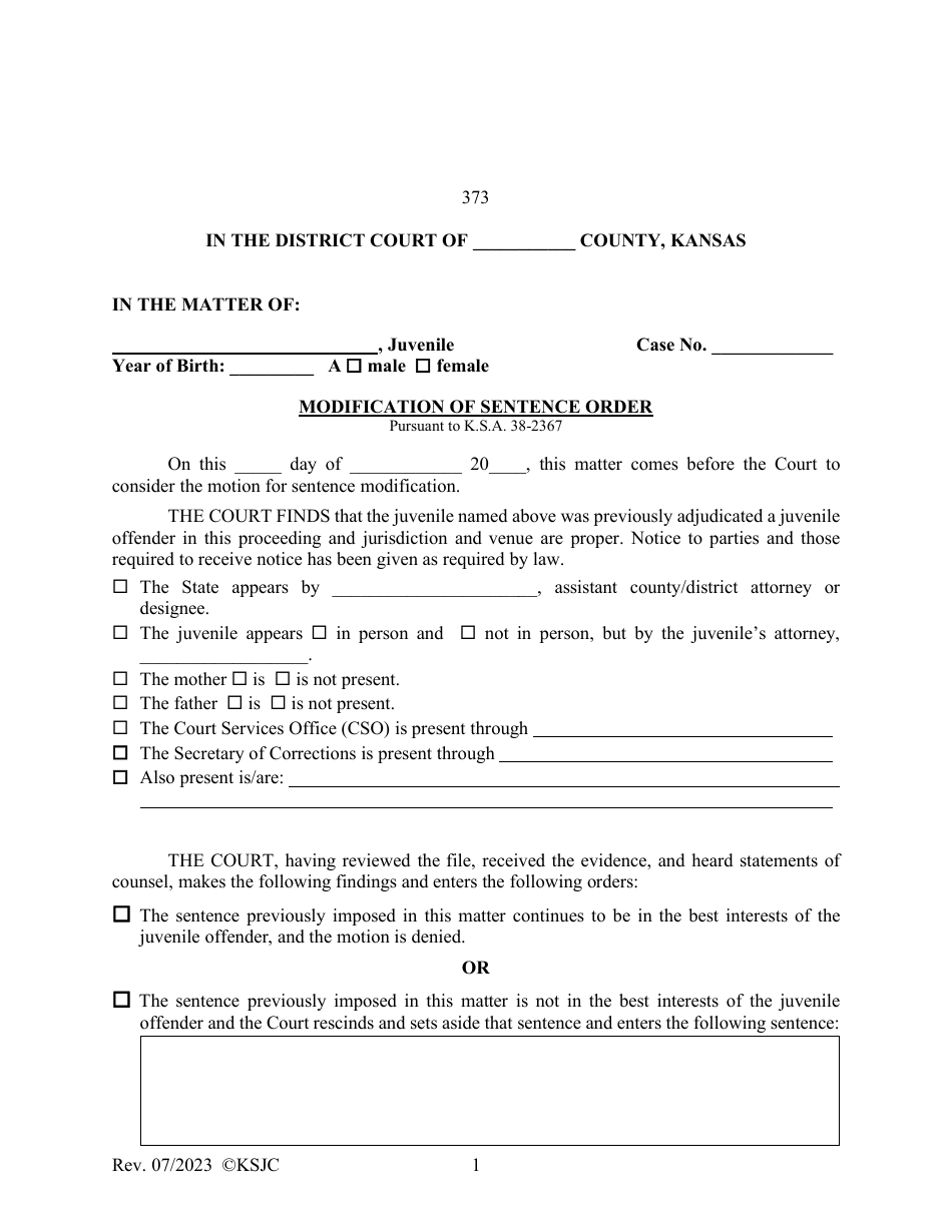 Form 373 Modification of Sentence Order - Kansas, Page 1