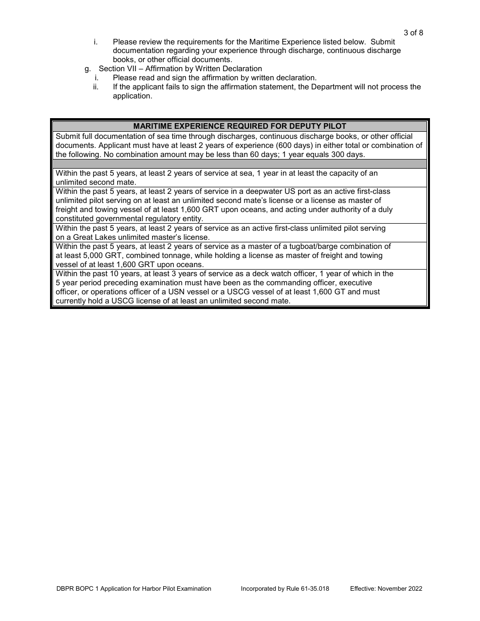 Form DBPR BOPC1 Application for Harbor Pilot Examination - Florida, Page 4