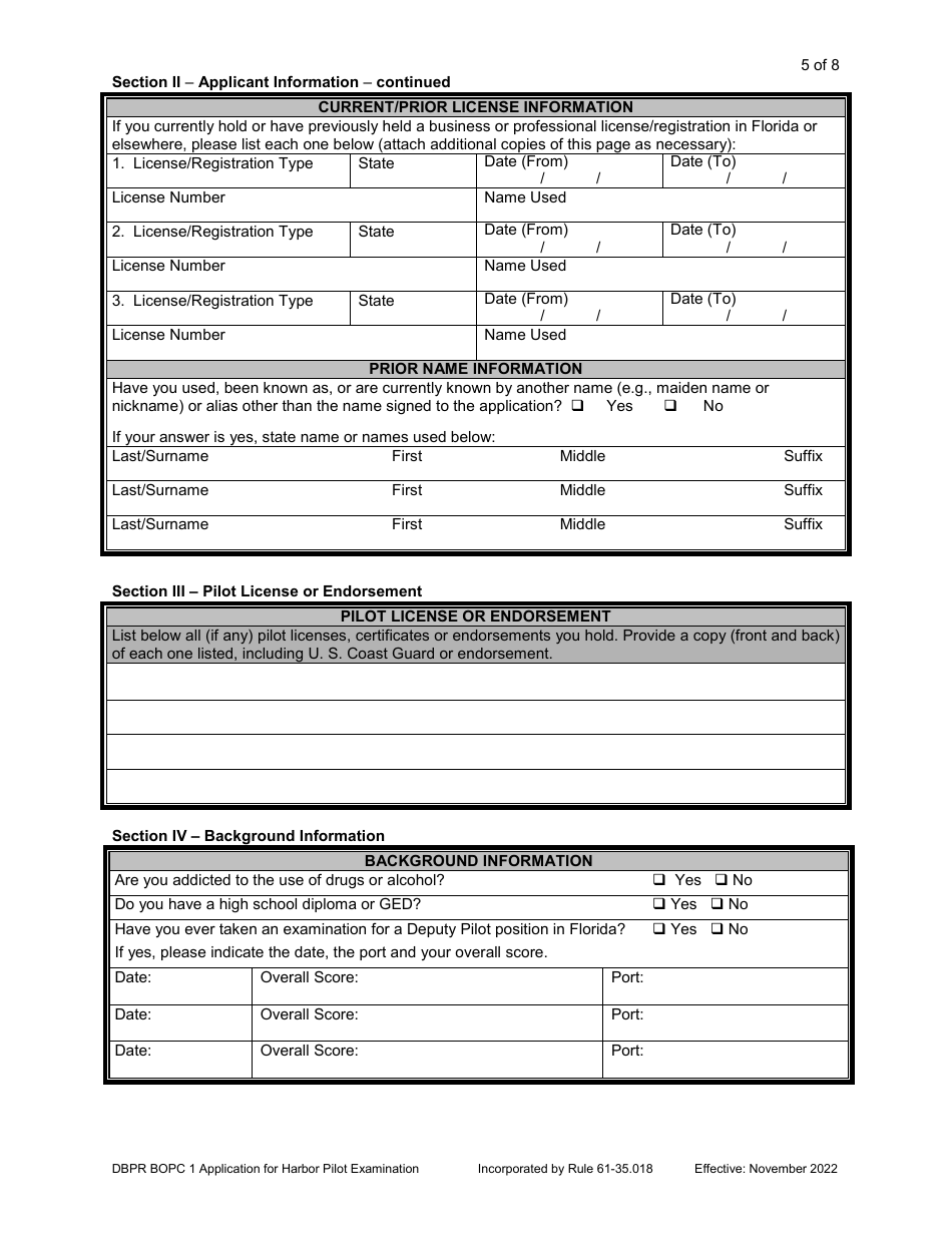 Form DBPR BOPC1 Application for Harbor Pilot Examination - Florida, Page 6