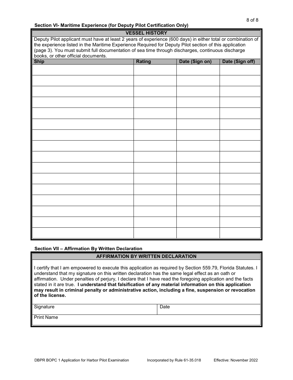 Form DBPR BOPC1 Application for Harbor Pilot Examination - Florida, Page 9