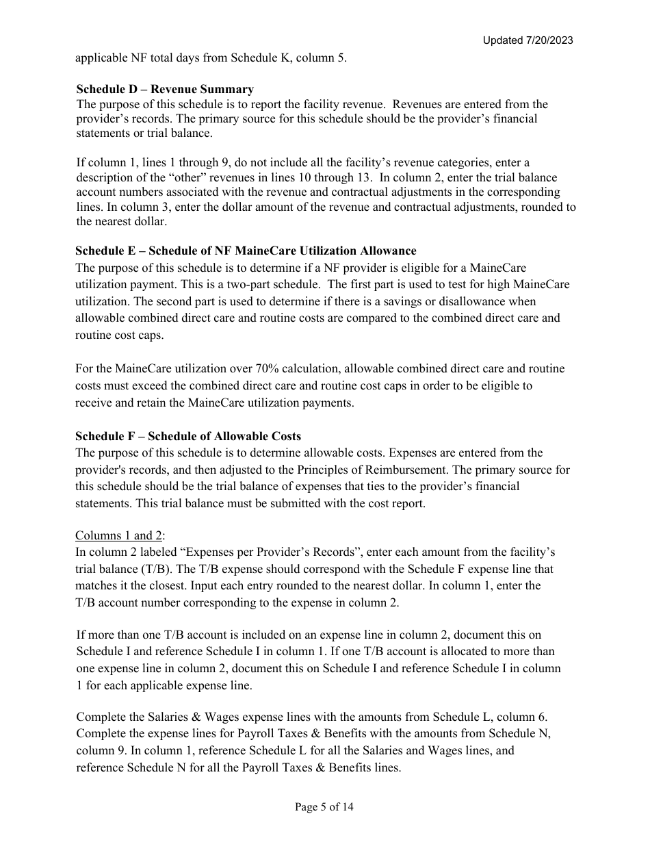 Instructions for Mainecare Cost Report for Multilevel Nursing Facilities With 1 Rcf Unit - Maine, Page 5