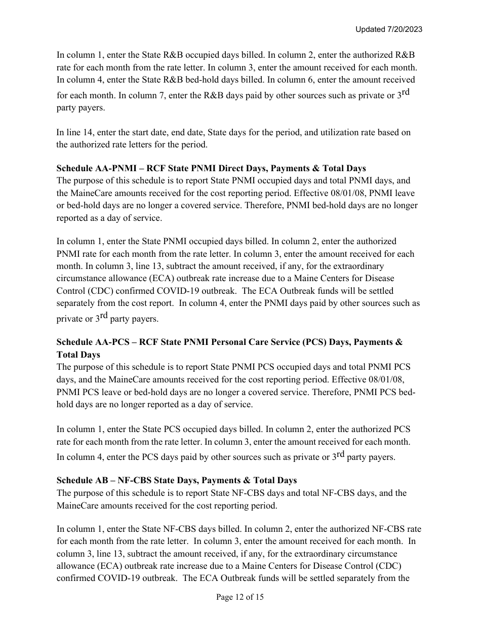 Instructions for Mainecare Cost Report for Multilevel Nursing Facilities With 1 Rcf Unit and Community Based Specialty (Cbs) Unit - Maine, Page 12
