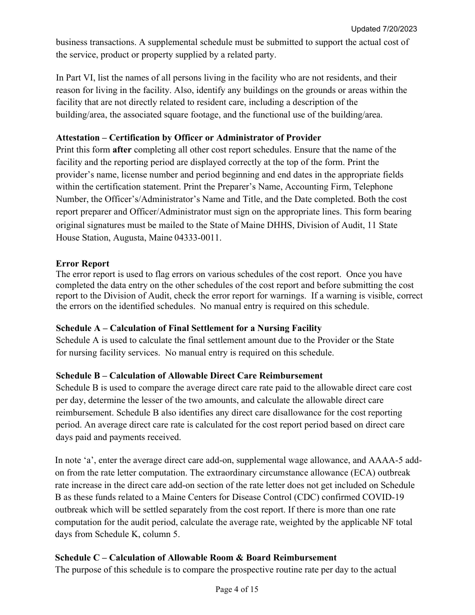 Instructions for Mainecare Cost Report for Multilevel Nursing Facilities With 1 Rcf Unit and Community Based Specialty (Cbs) Unit - Maine, Page 4