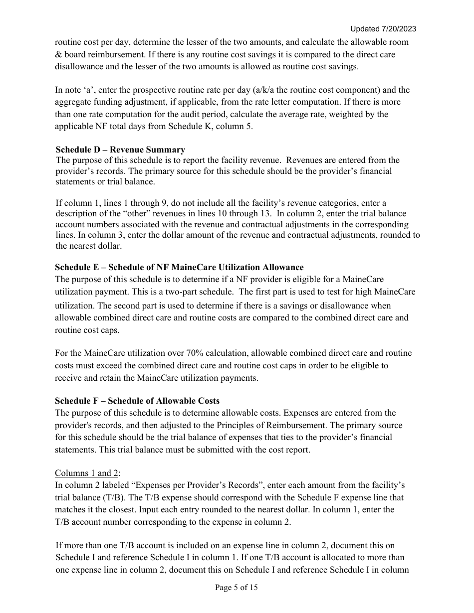 Instructions for Mainecare Cost Report for Multilevel Nursing Facilities With 1 Rcf Unit and Community Based Specialty (Cbs) Unit - Maine, Page 5