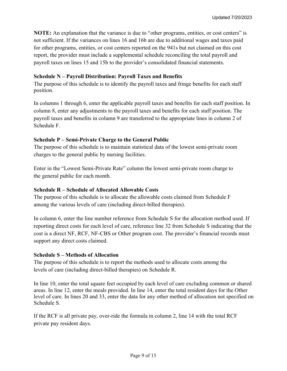 Instructions for Mainecare Cost Report for Multilevel Nursing Facilities With 1 Rcf Unit and Community Based Specialty (Cbs) Unit - Maine, Page 9
