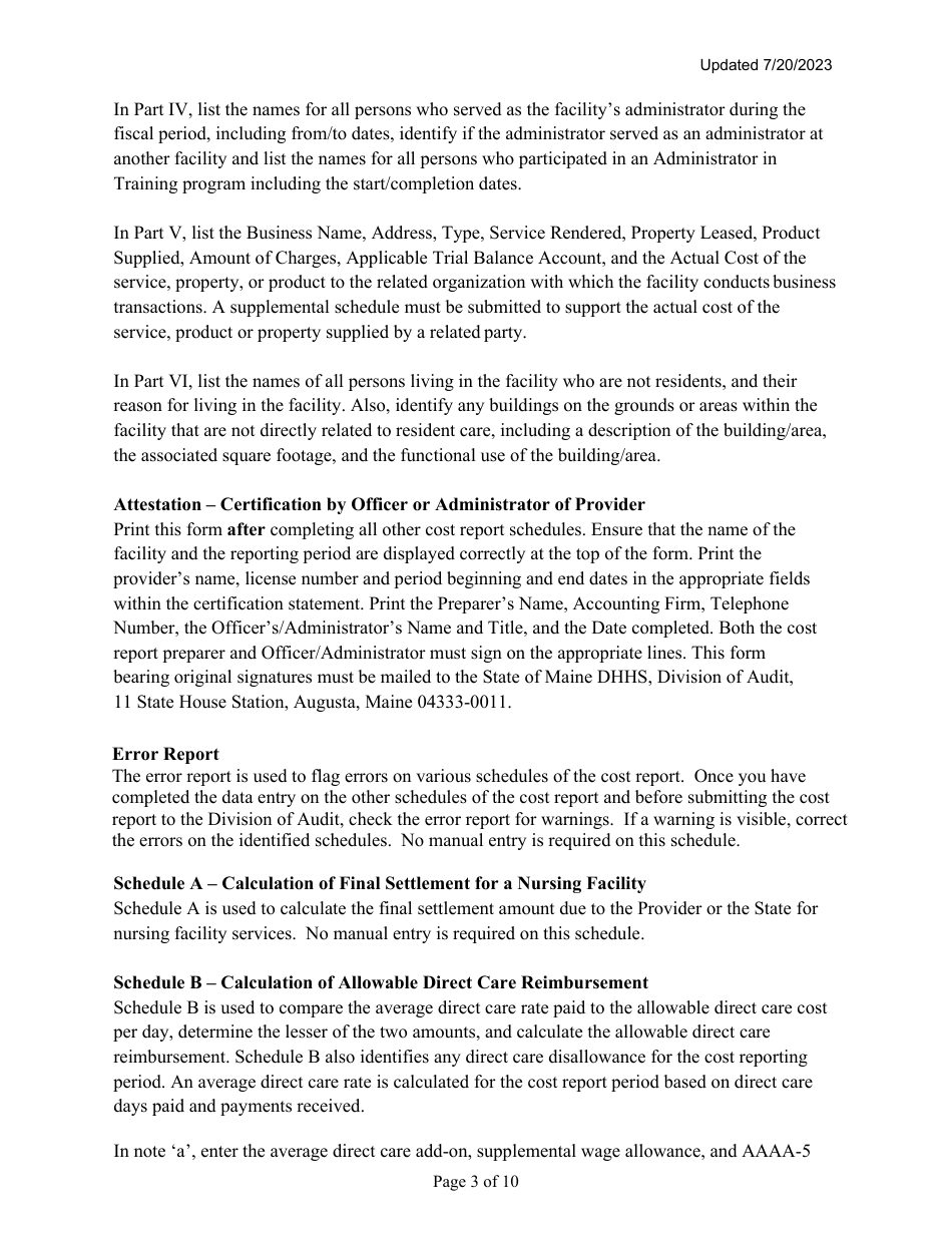 Instructions for Mainecare Cost Report for Nursing Facilities (Single Level) - Maine, Page 3