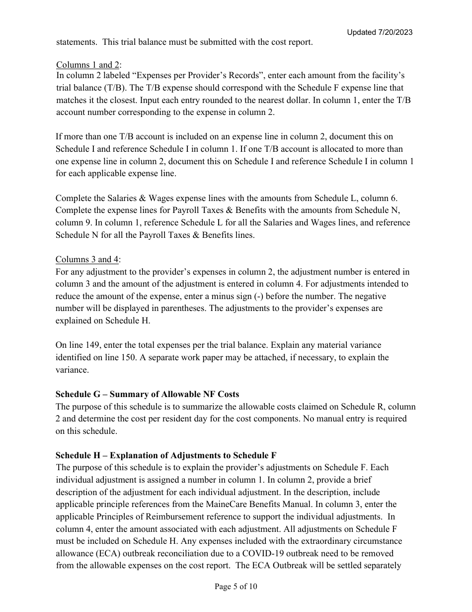 Instructions for Mainecare Cost Report for Nursing Facilities (Single Level) - Maine, Page 5