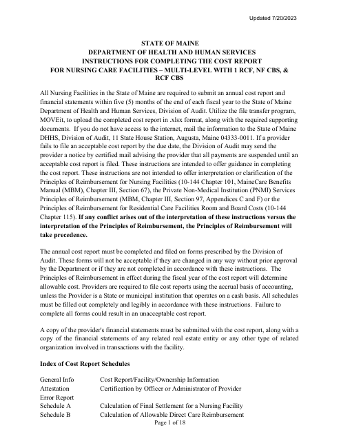 Instructions for Mainecare Cost Report for Multilevel Nursing Facilities With, 1 Rcf Unit, Nf Community Based Specialty, and Rcf Community Based Specialty - Maine Download Pdf