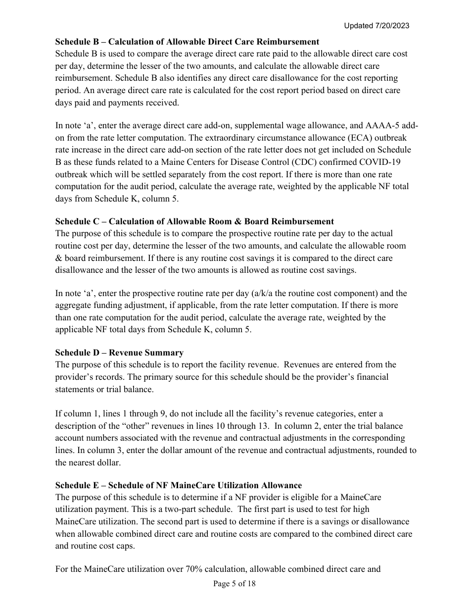 Instructions for Mainecare Cost Report for Multilevel Nursing Facilities With, 1 Rcf Unit, Nf Community Based Specialty, and Rcf Community Based Specialty - Maine, Page 5