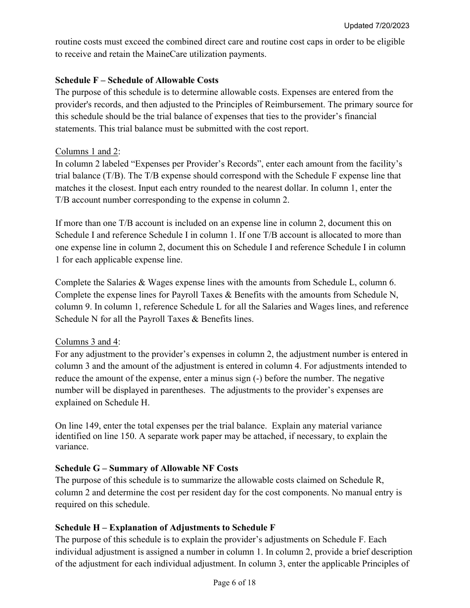 Instructions for Mainecare Cost Report for Multilevel Nursing Facilities With, 1 Rcf Unit, Nf Community Based Specialty, and Rcf Community Based Specialty - Maine, Page 6