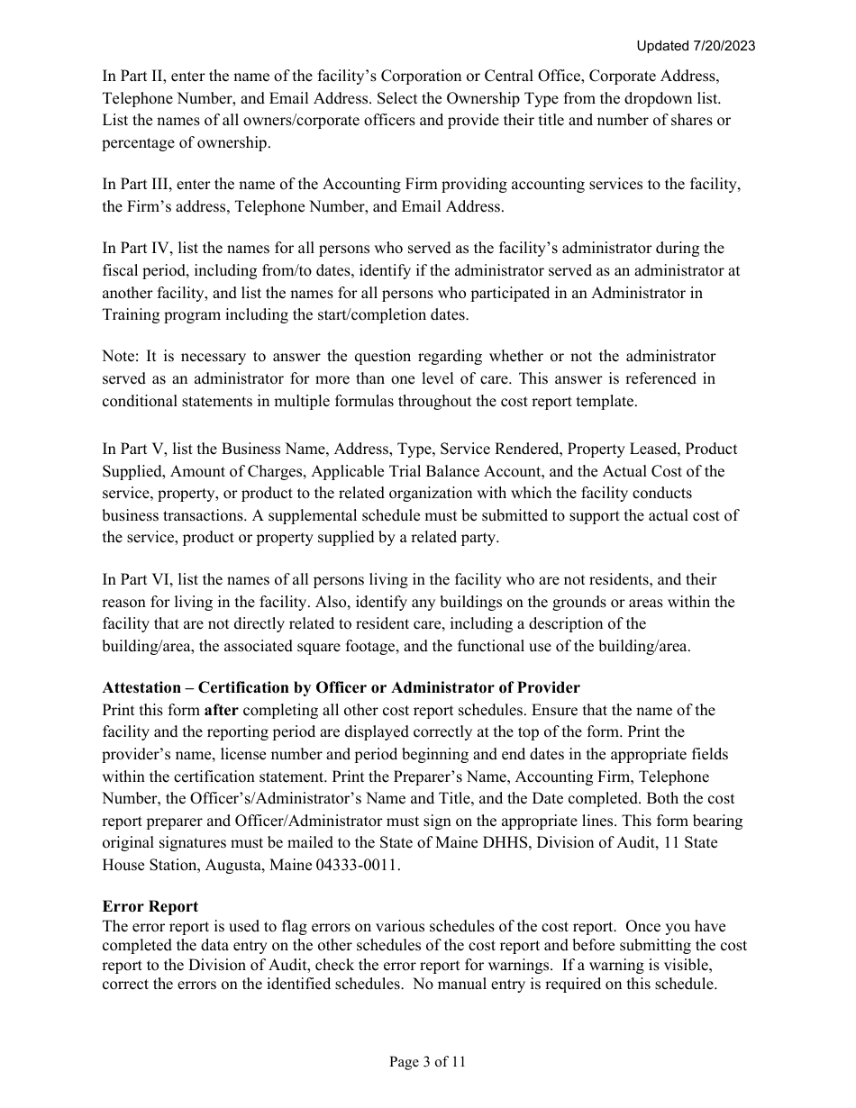 Instructions for Mainecare Cost Report for Nursing Facilities With Brain Injury Unit - Maine, Page 3