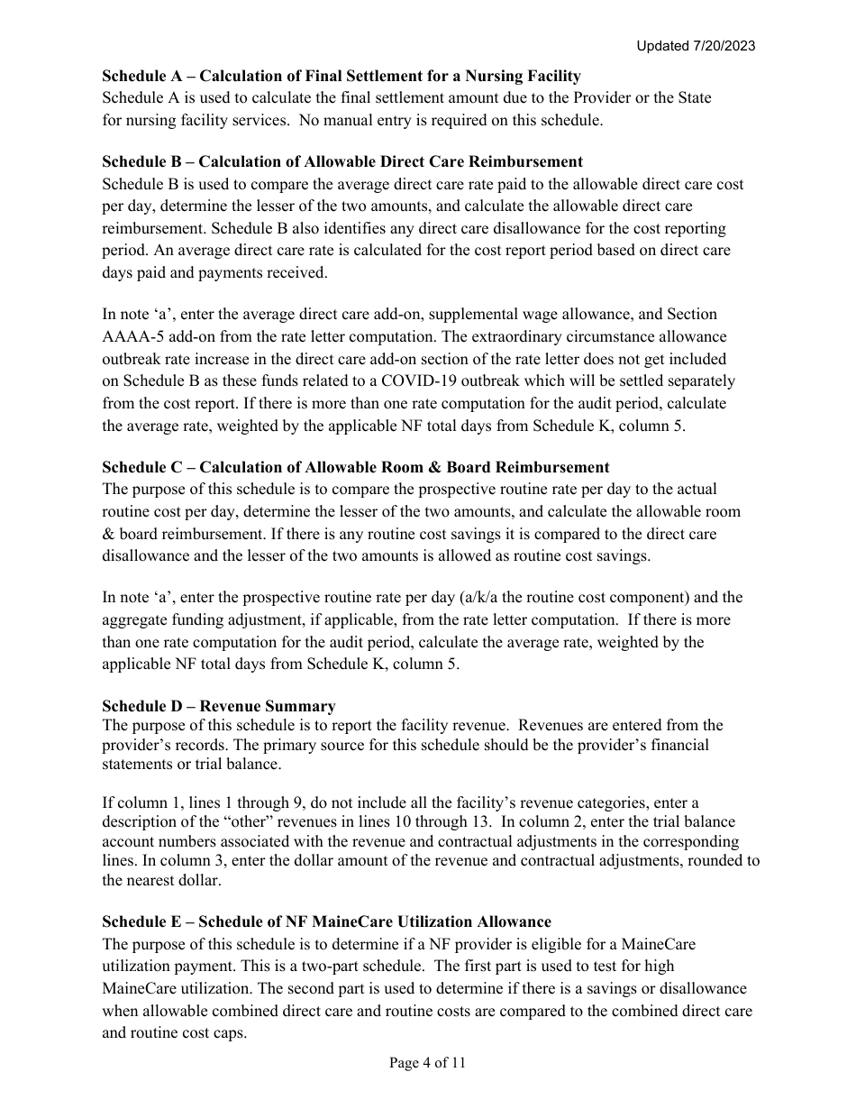 Instructions for Mainecare Cost Report for Nursing Facilities With Brain Injury Unit - Maine, Page 4