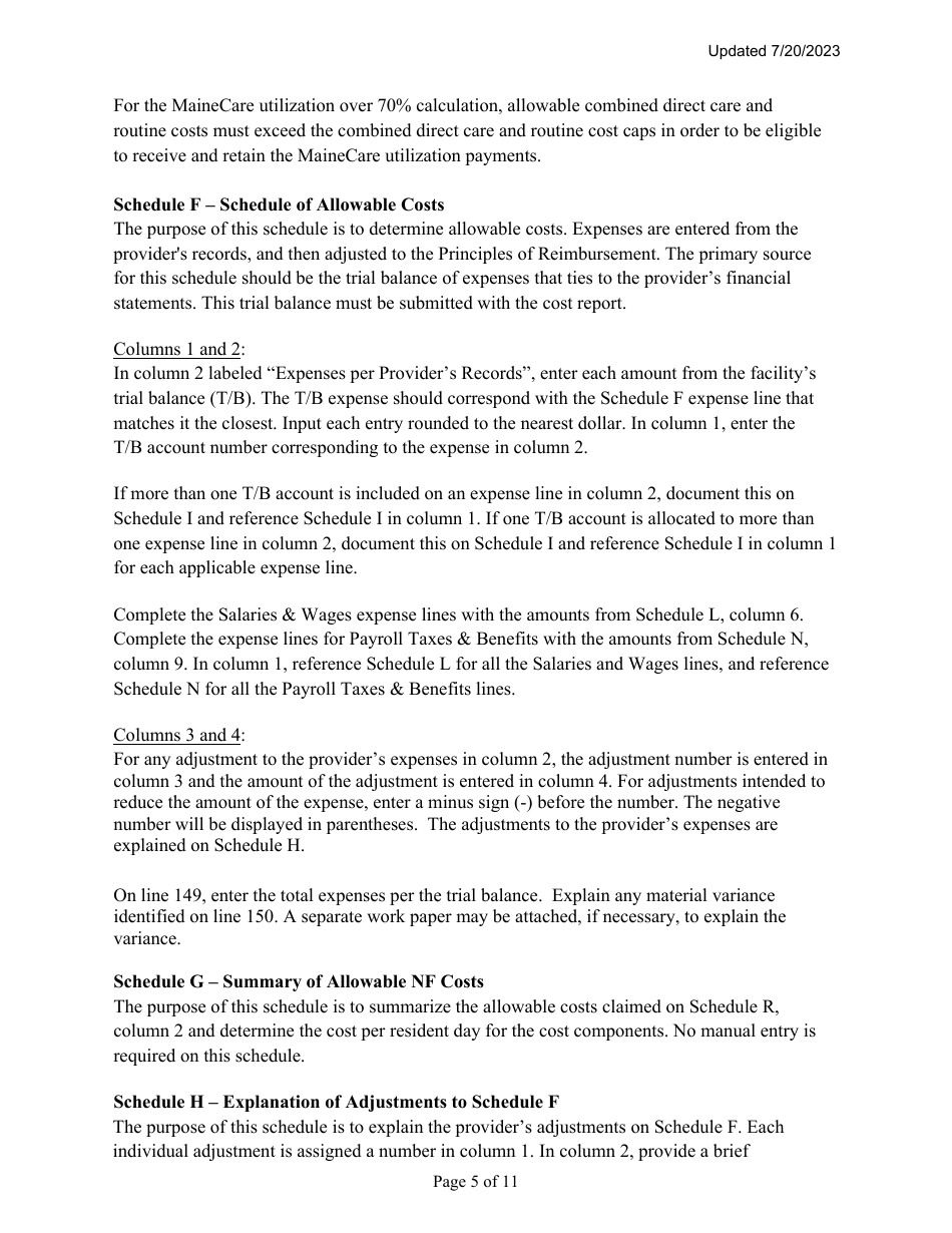 Instructions for Mainecare Cost Report for Nursing Facilities With Brain Injury Unit - Maine, Page 5