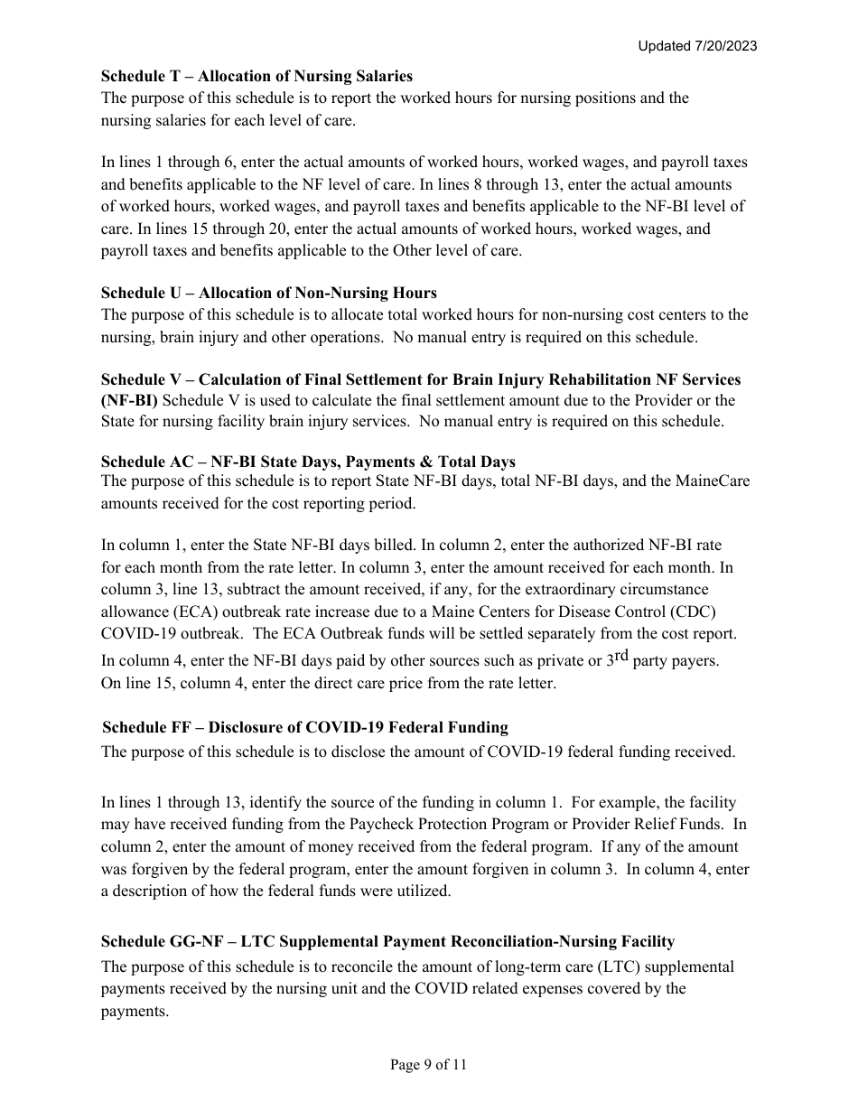 Instructions for Mainecare Cost Report for Nursing Facilities With Brain Injury Unit - Maine, Page 9