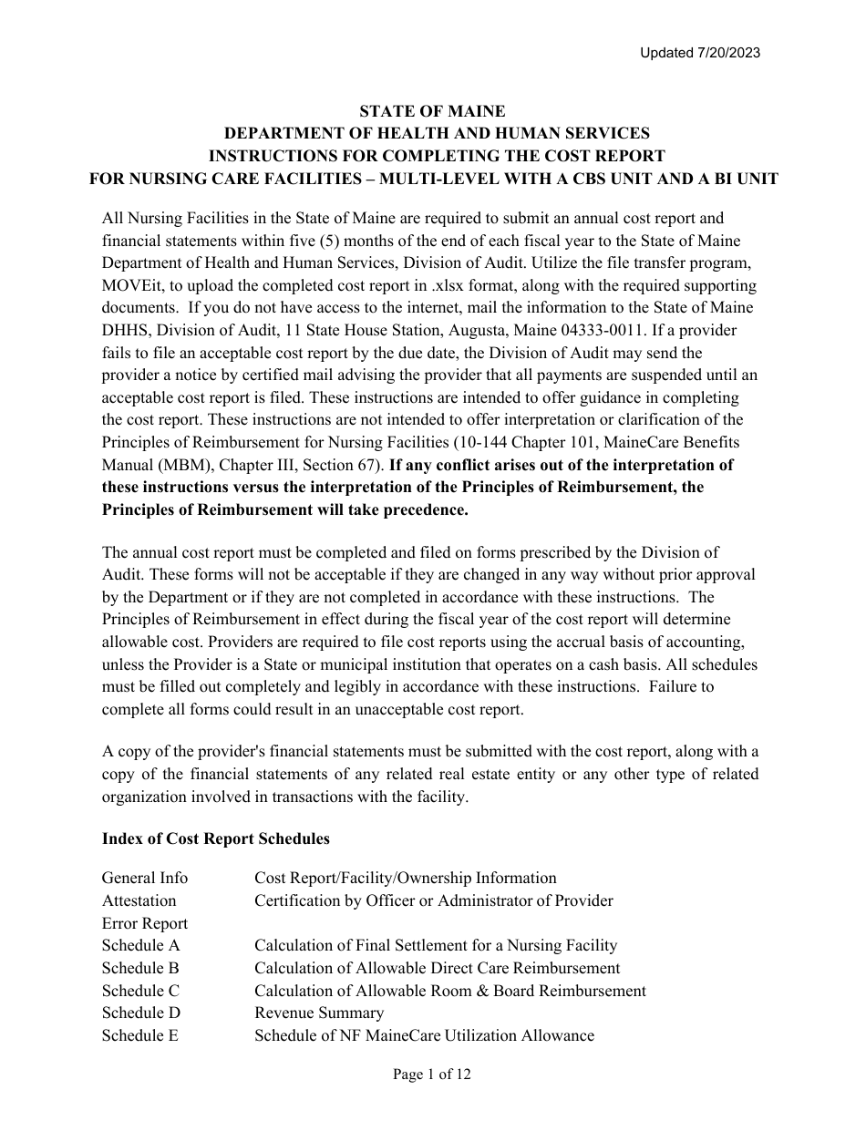 Instructions for Mainecare Cost Report for Multilevel Nursing Facilities With a Community Based Specialty (Cbs) Unit and a Brain Injury (BI) Unit - Maine, Page 1