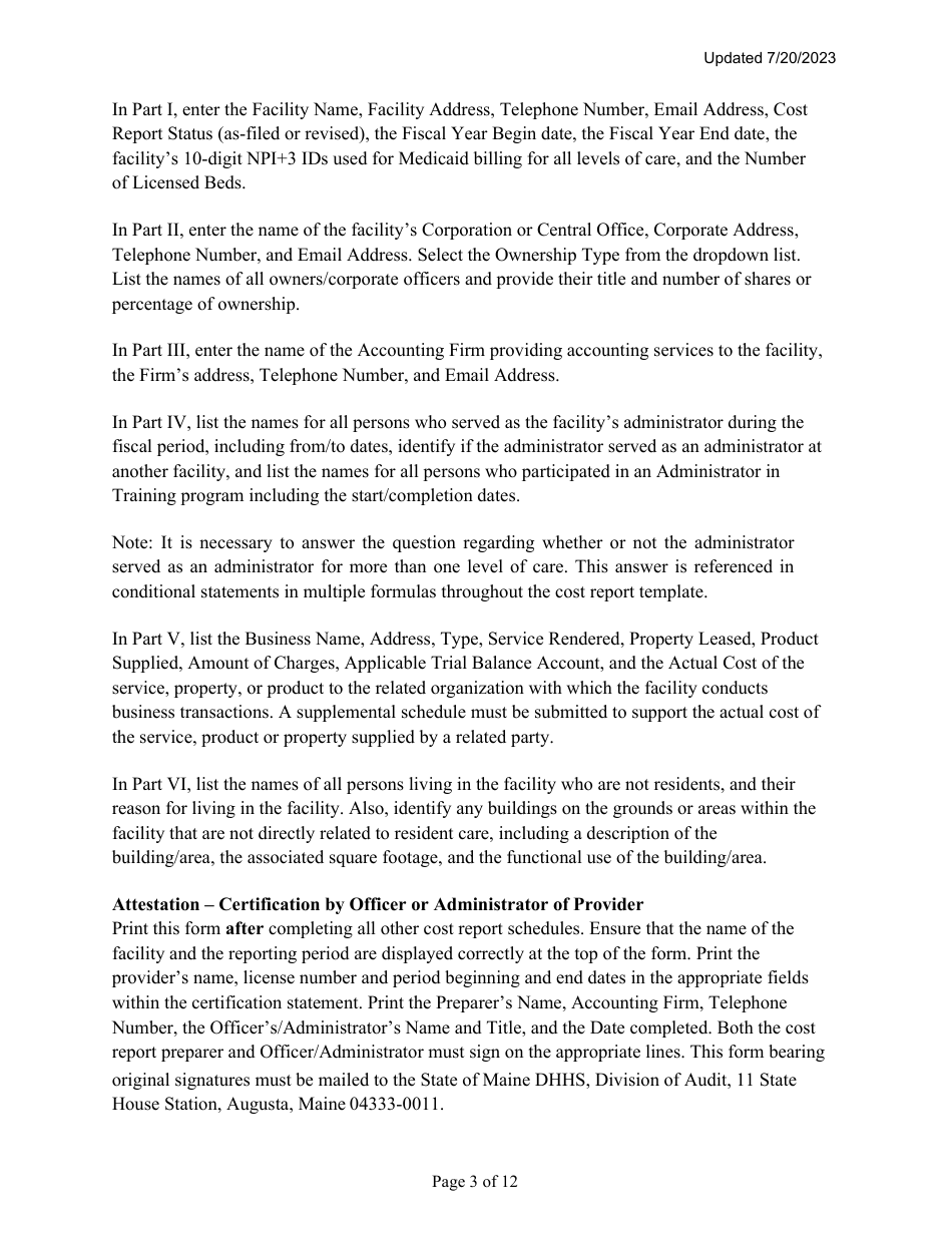 Instructions for Mainecare Cost Report for Multilevel Nursing Facilities With a Community Based Specialty (Cbs) Unit and a Brain Injury (BI) Unit - Maine, Page 3
