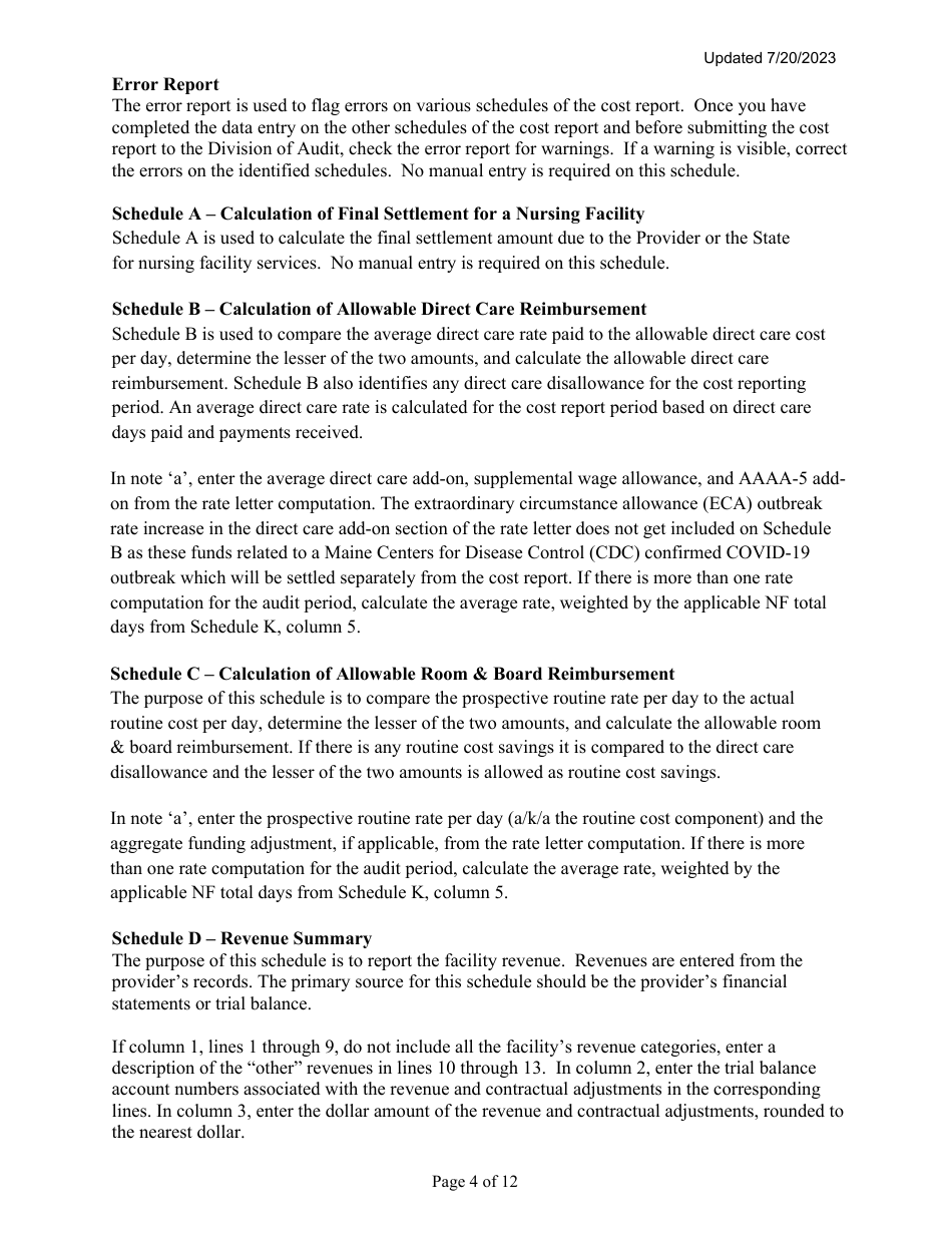 Instructions for Mainecare Cost Report for Multilevel Nursing Facilities With a Community Based Specialty (Cbs) Unit and a Brain Injury (BI) Unit - Maine, Page 4