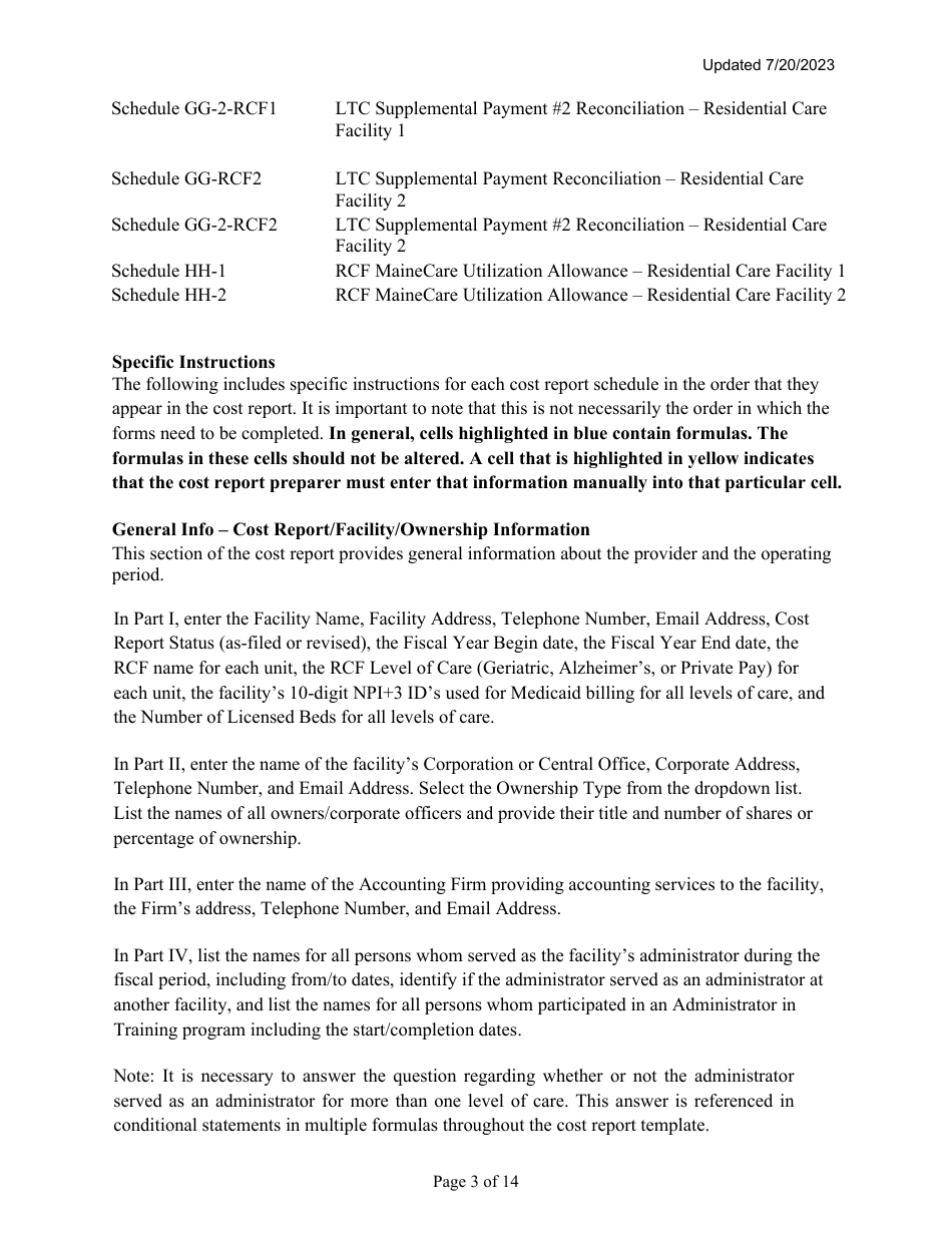 Instructions for Mainecare Cost Report for Multilevel Nursing Facilities With 2 Rcf Units - Maine, Page 3