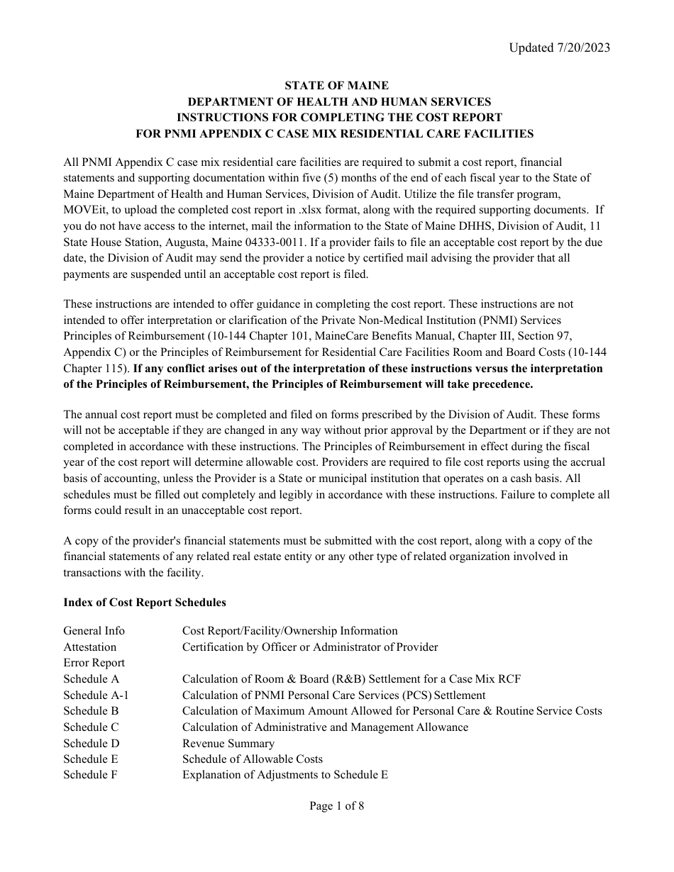 Instructions for Mainecare Cost Report for Appendix C Private Non-medical Institutions (Pnmi) - Maine, Page 1