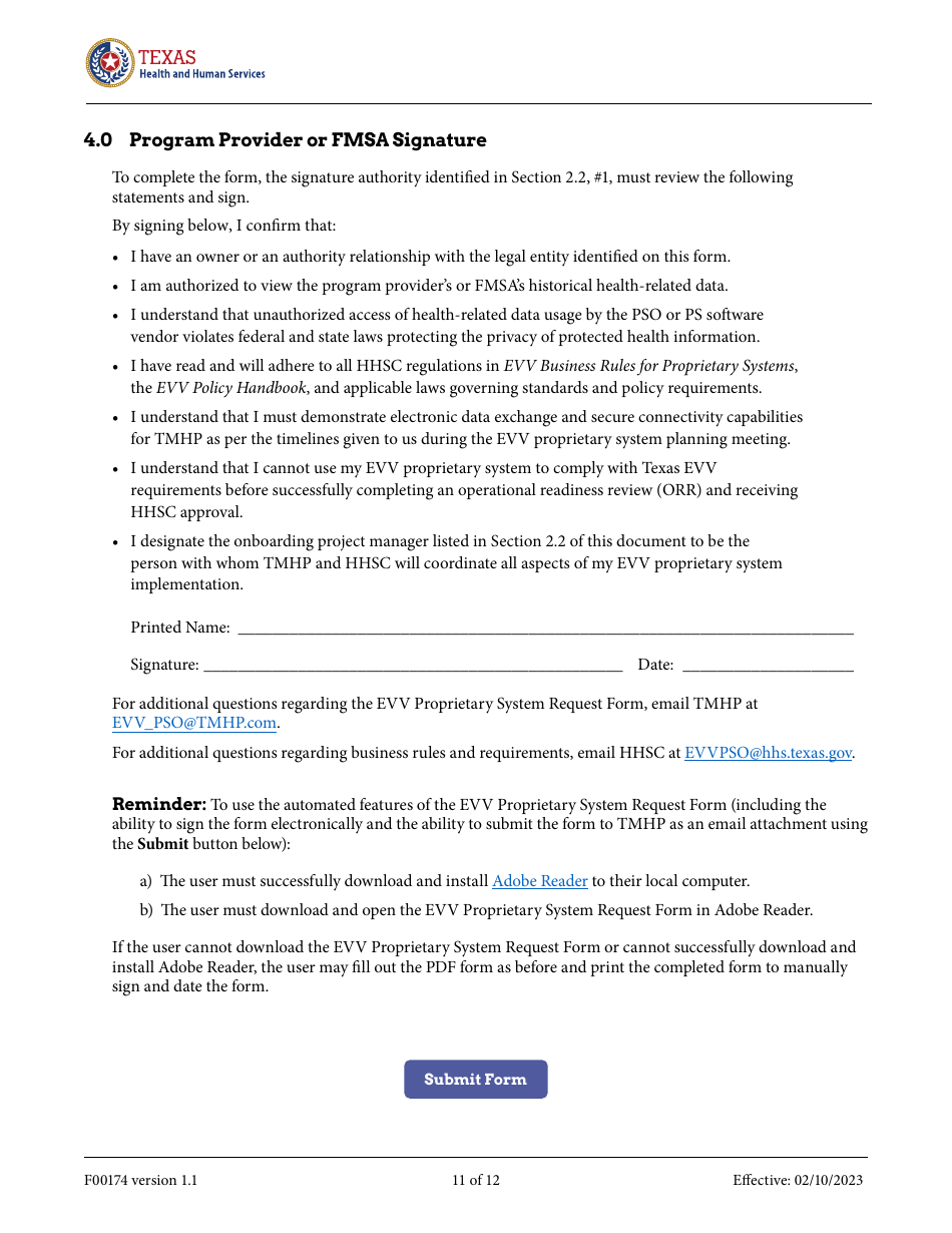 Form F00174 Electronic Visit Verification Proprietary System Request Form - Texas, Page 11