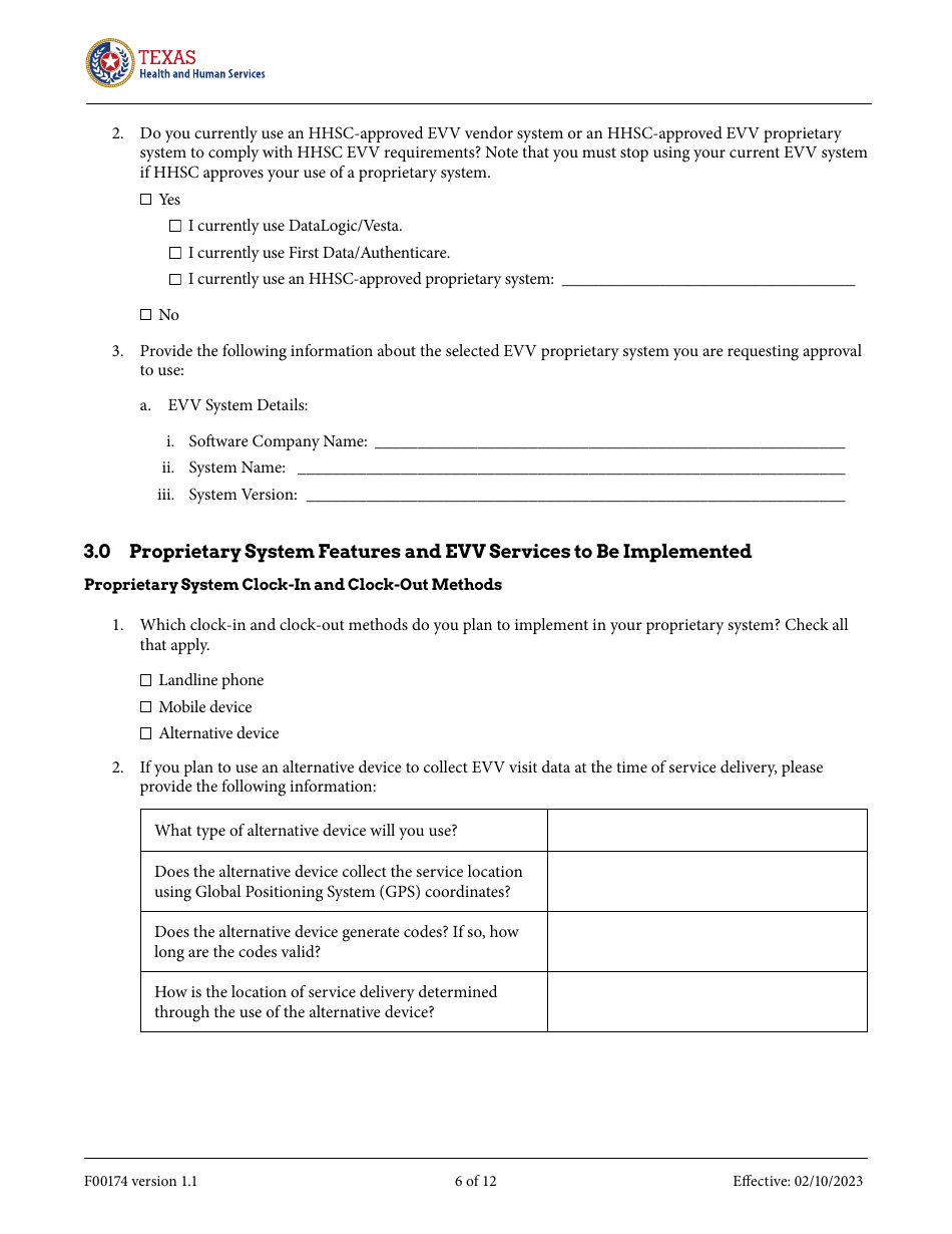 Form F00174 Electronic Visit Verification Proprietary System Request Form - Texas, Page 6