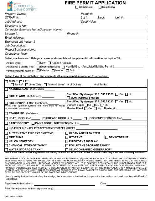 Fire Permit Application - Lee County, Florida Download Pdf
