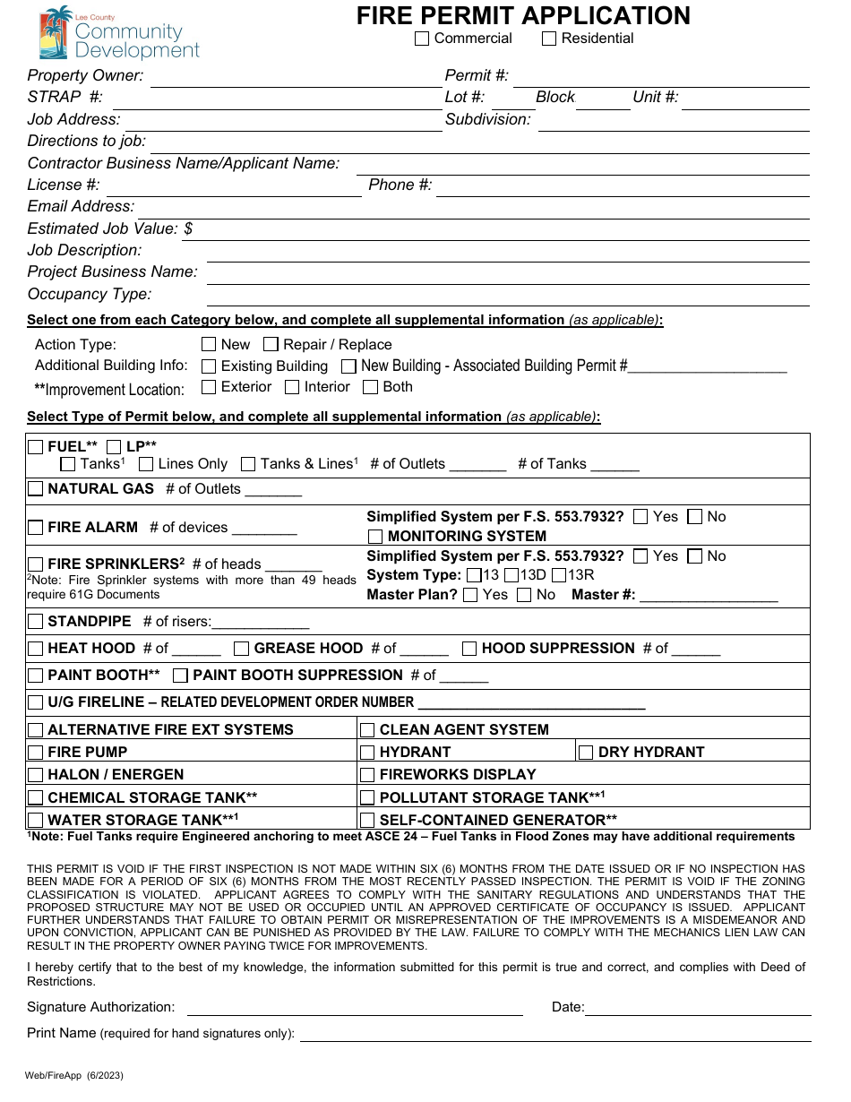 Fire Permit Application - Lee County, Florida, Page 1