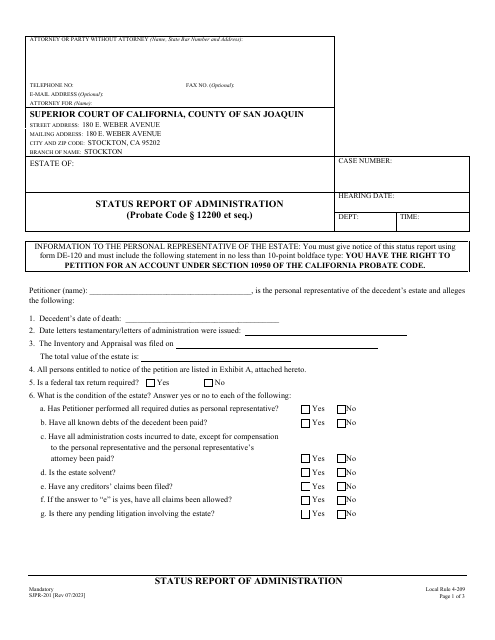 Form SJPR-201 Status Report of Administration - County of San Joaquin, California