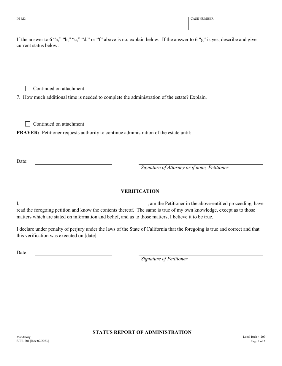 Form SJPR-201 Status Report of Administration - County of San Joaquin, California, Page 2