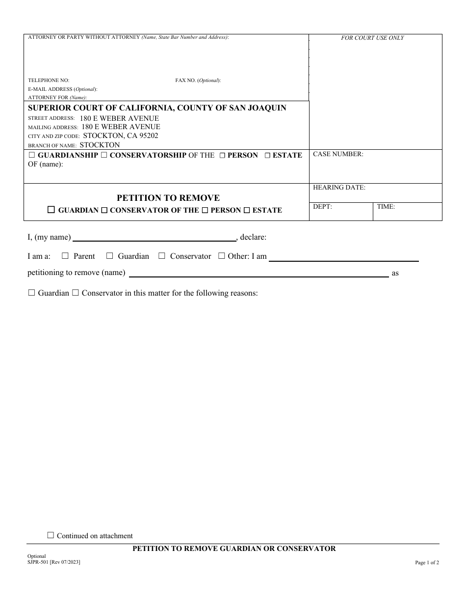 Form SJPR-501 Petition to Remove Guardian or Conservator - County of San Joaquin, California, Page 1