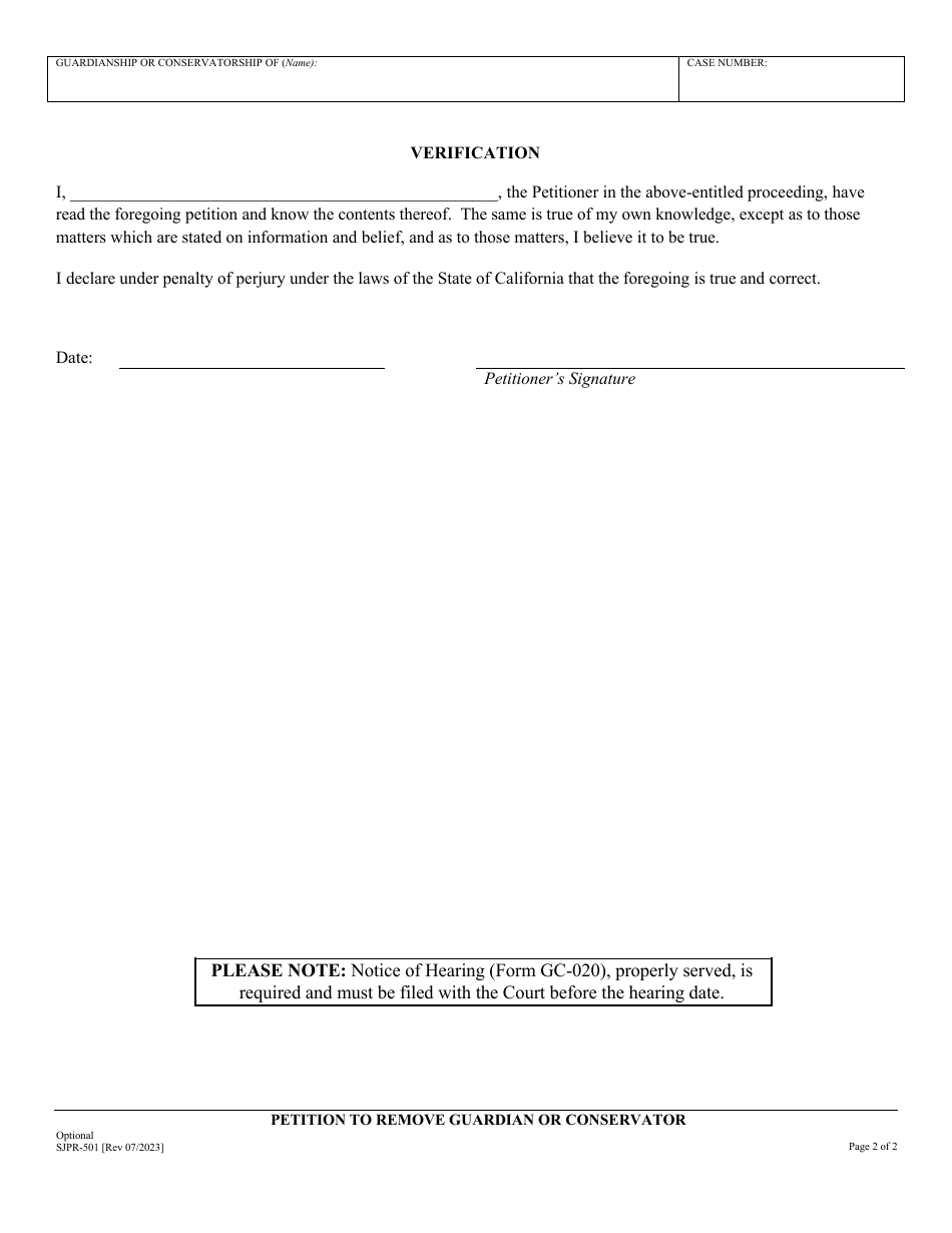 Form SJPR-501 Petition to Remove Guardian or Conservator - County of San Joaquin, California, Page 2