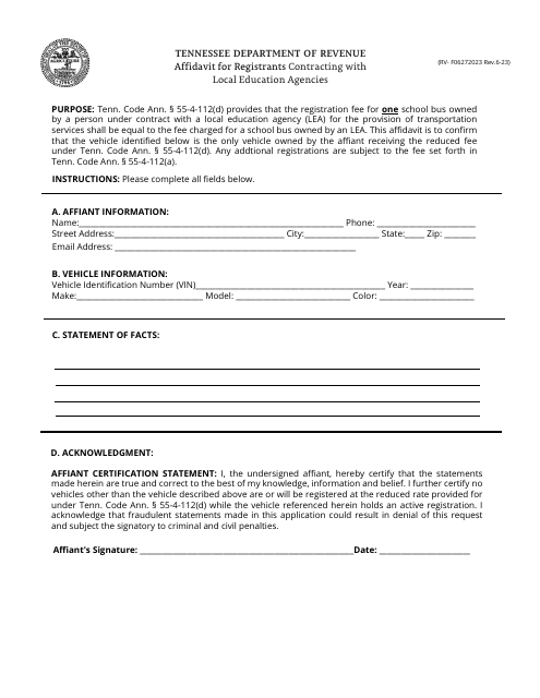 Form RV-F06272023 Affidavit for Registrants Contracting With Local Education Agencies - Tennessee