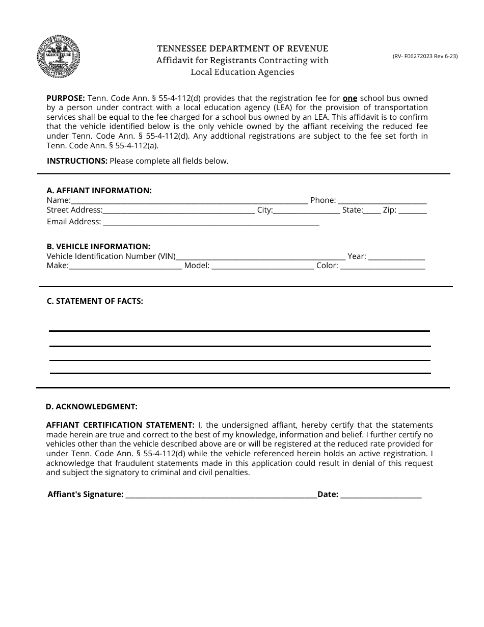 Form RV-F06272023 Affidavit for Registrants Contracting With Local Education Agencies - Tennessee, Page 1