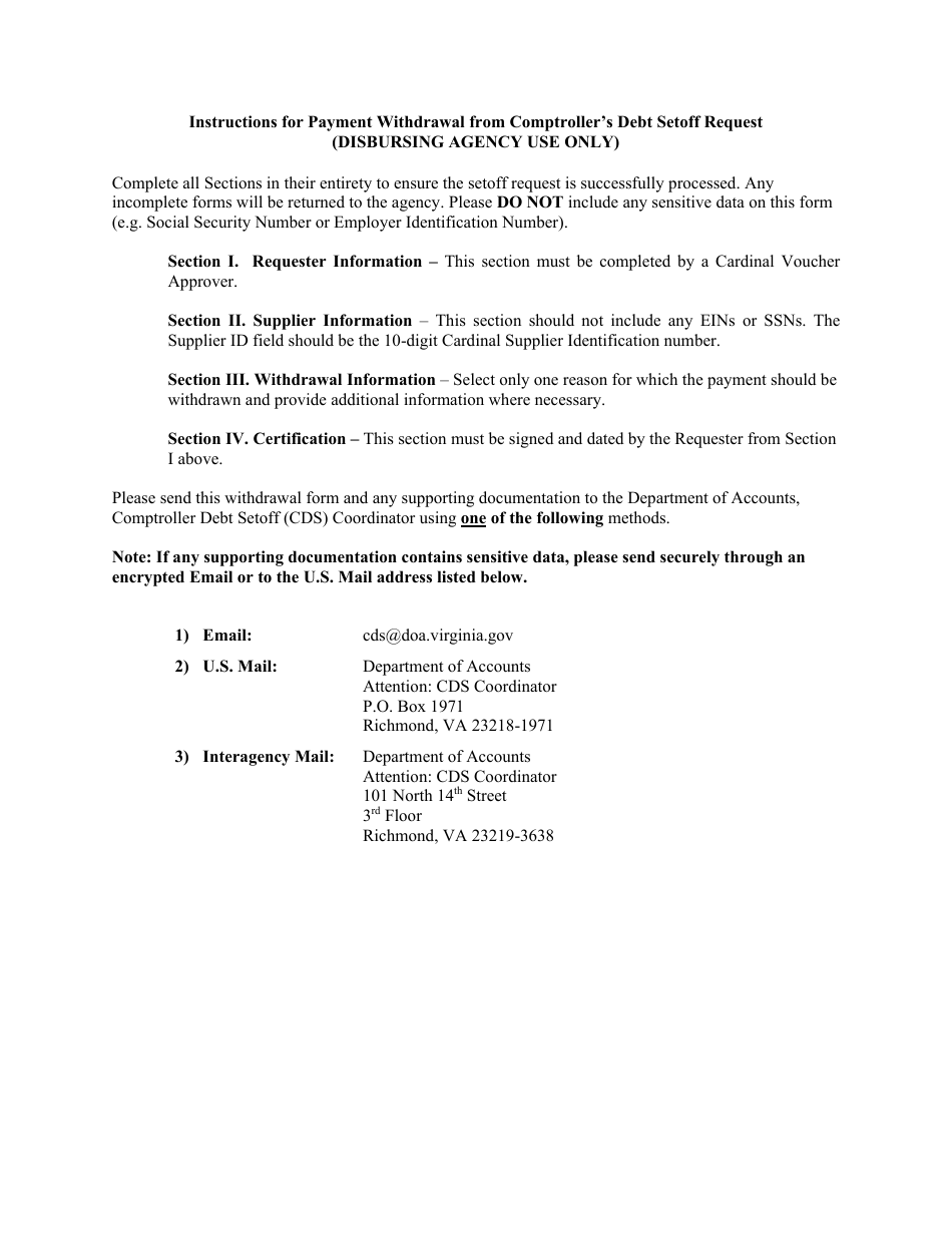 Payment Withdrawal From Comptrollers Debt Setoff Request - Virginia, Page 2