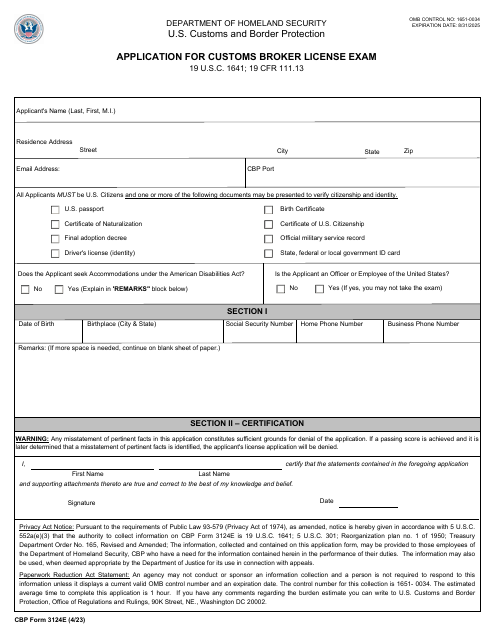 CBP Form 3124E Application for Customs Broker License Exam