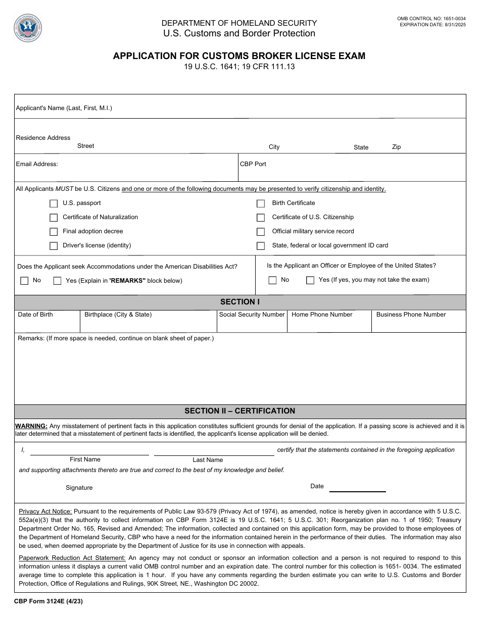 CBP Form 3124E Application for Customs Broker License Exam, Page 1