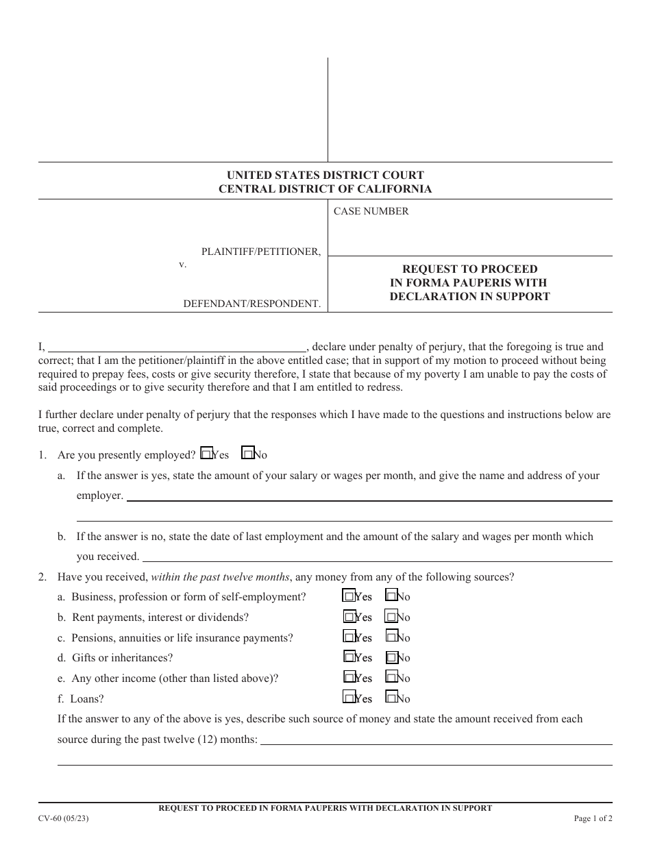 Form CV-60 Request to Proceed in Forma Pauperis With Declaration in Support - California, Page 1