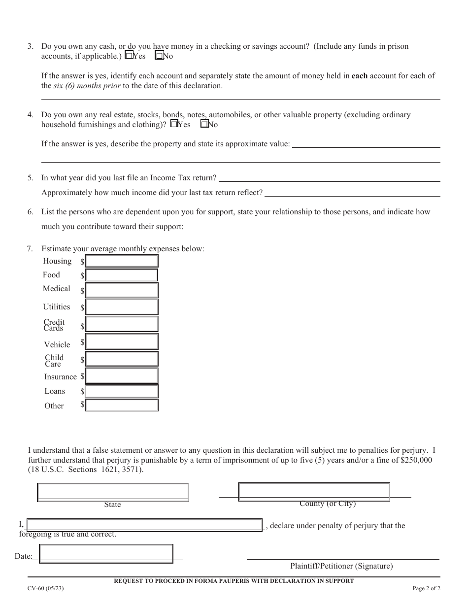 Form CV-60 Request to Proceed in Forma Pauperis With Declaration in Support - California, Page 2
