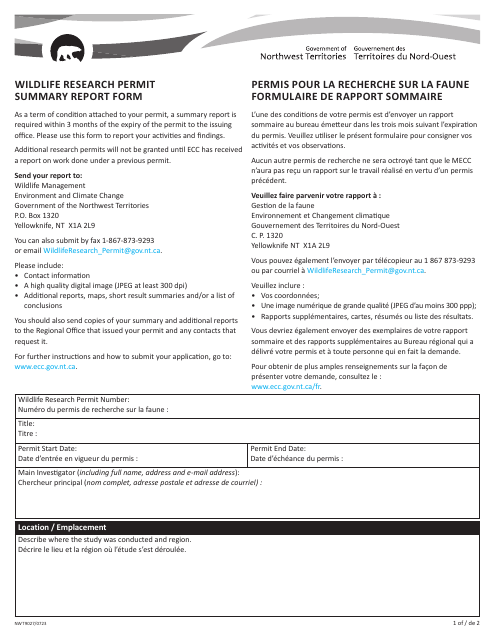 Form NWT9027 Wildlife Research Permit Summary Report Form - Northwest Territories, Canada (English/French)