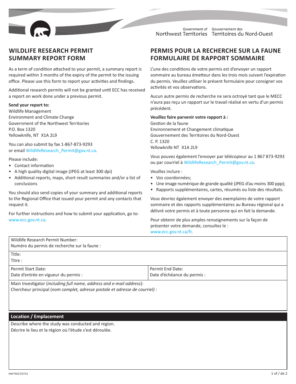 Form NWT9027 Wildlife Research Permit Summary Report Form - Northwest Territories, Canada (English / French), Page 1