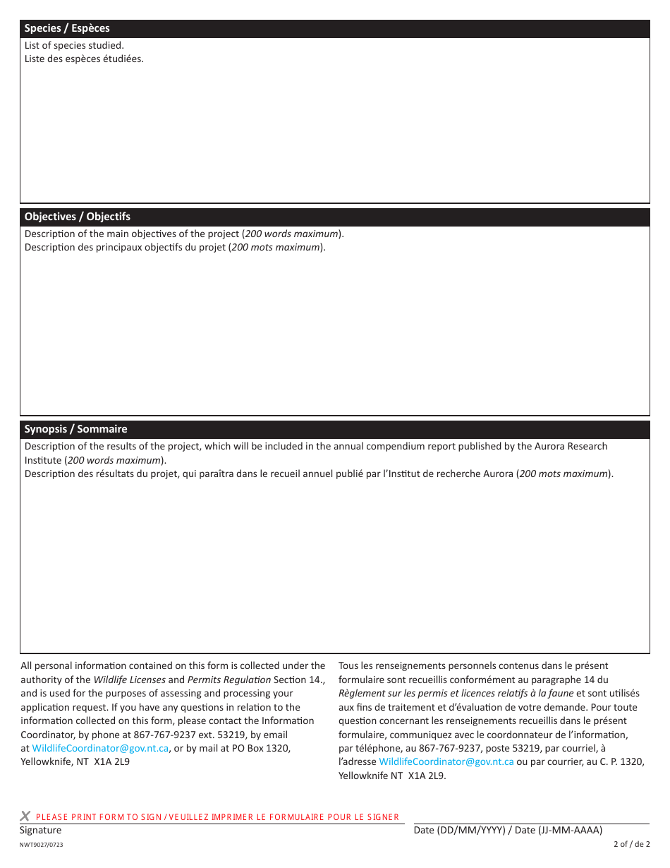Form NWT9027 Wildlife Research Permit Summary Report Form - Northwest Territories, Canada (English / French), Page 2